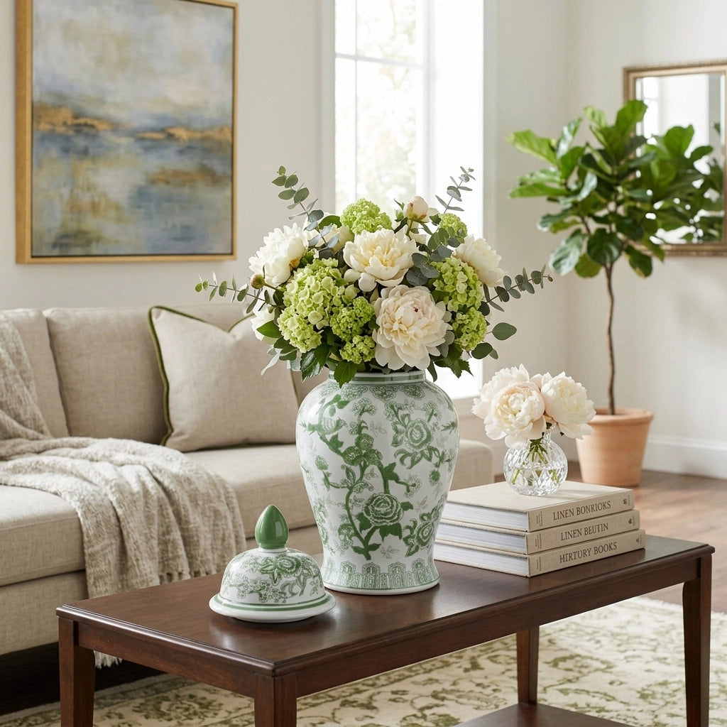 A decorative ceramic vase with a green floral pattern on a white background, filled with white and green flowers, displayed on a dark wood coffee table in a styled living room setting.