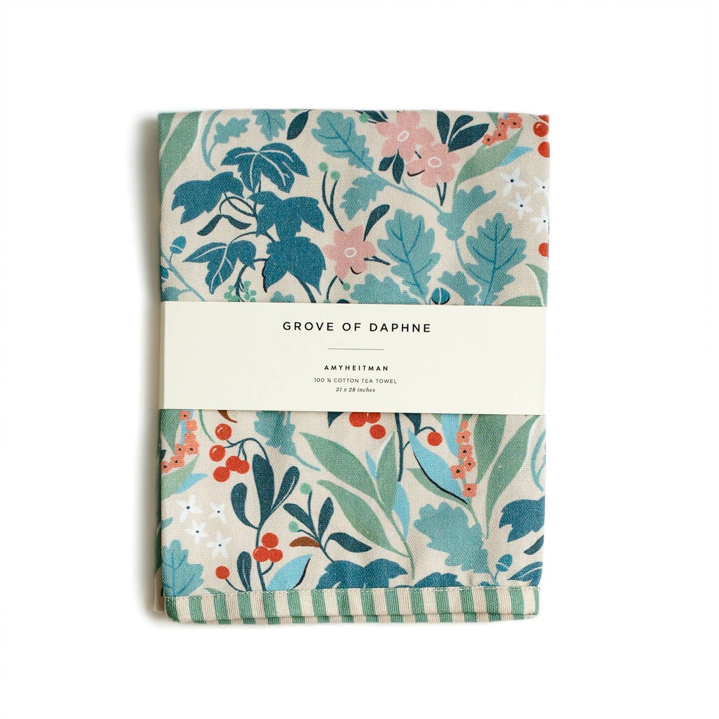 Floral patterned product packaging with 'Grove of Daphne' branding on a white background