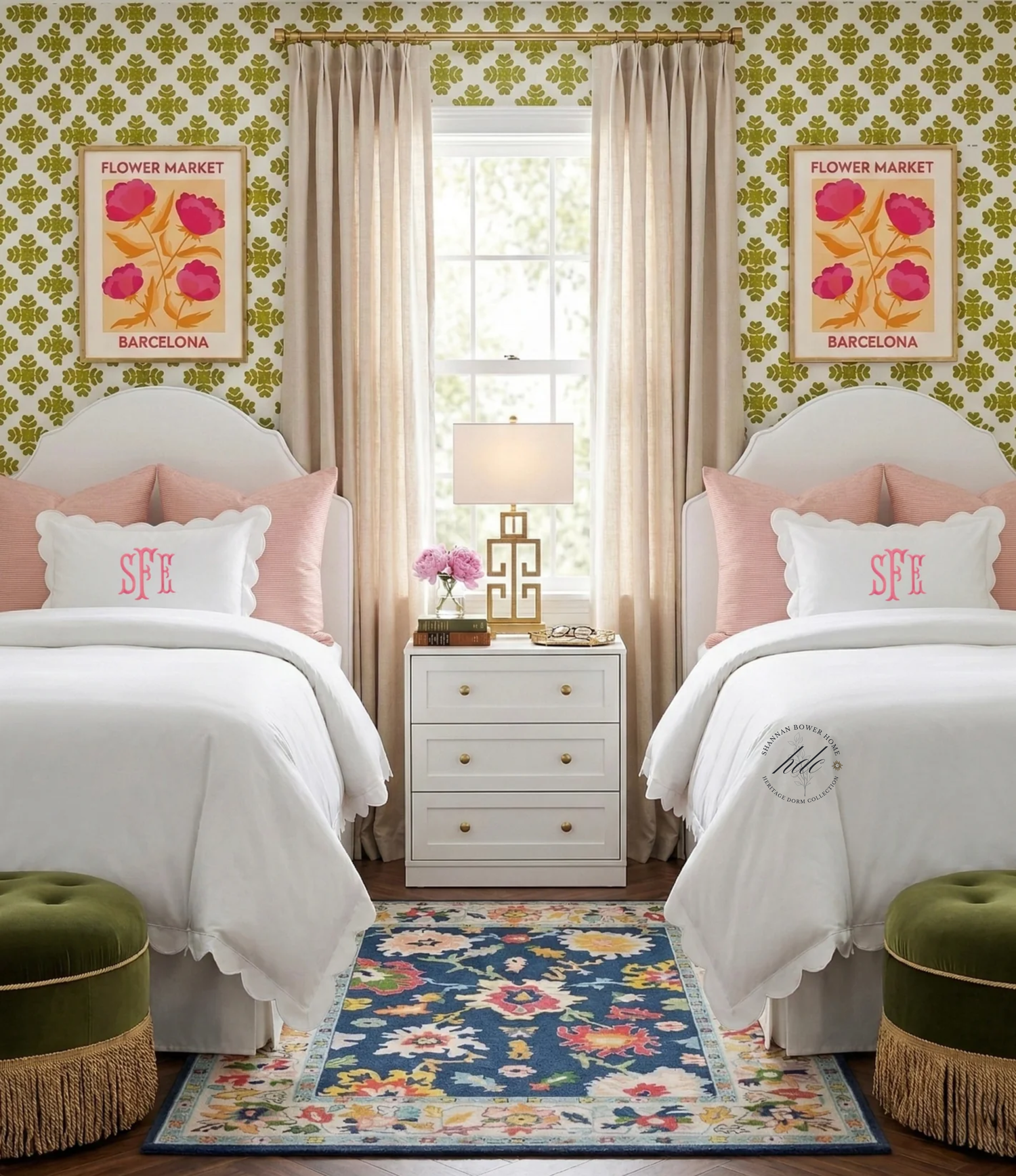 Two twin beds with white bedding, pink pillows, and green ottomans in a room with floral wallpaper and a nightstand.