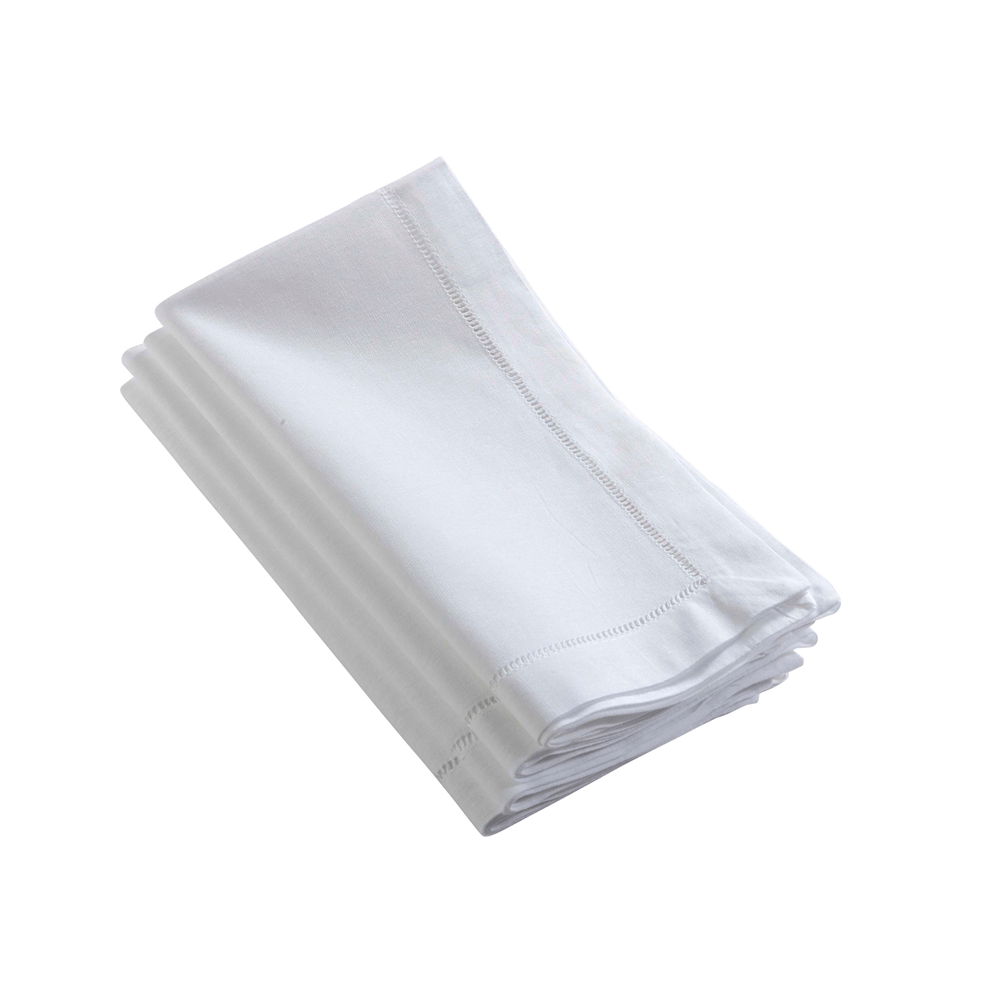 HEMSTITCH COTTON LINEN DINNER NAPKIN - WHITE (S/4) product image highlighting color, material, and overall design