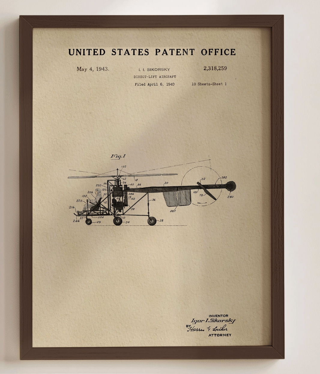Vintage aviation wall art for dorm — 1943 helicopter patent print in walnut frame