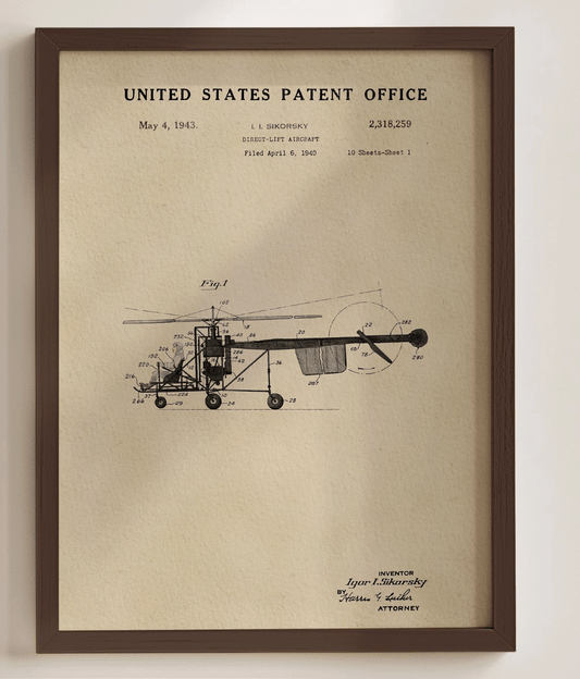 Vintage aviation wall art for dorm — 1943 helicopter patent print in walnut frame