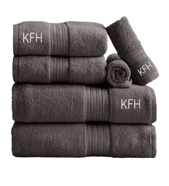 Monogrammed Dorm Bath Bundle. Set of gray towels with 'KFH' monogram on a white background