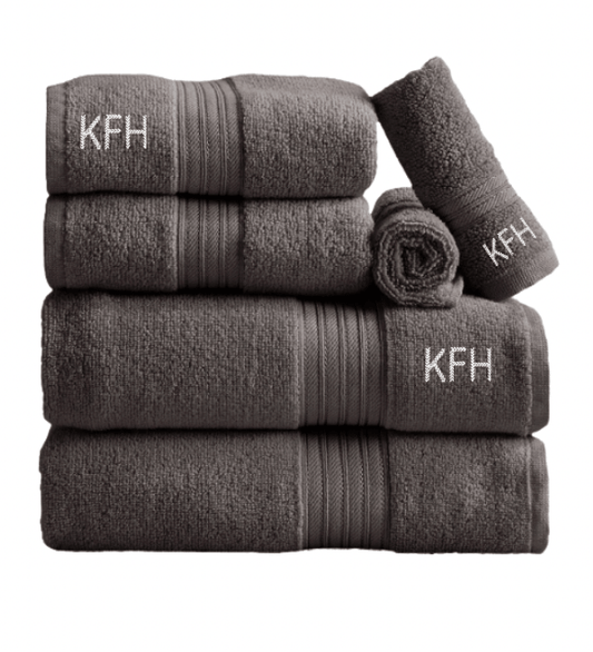 Monogrammed Dorm Bath Bundle. Set of gray towels with 'KFH' monogram on a white background