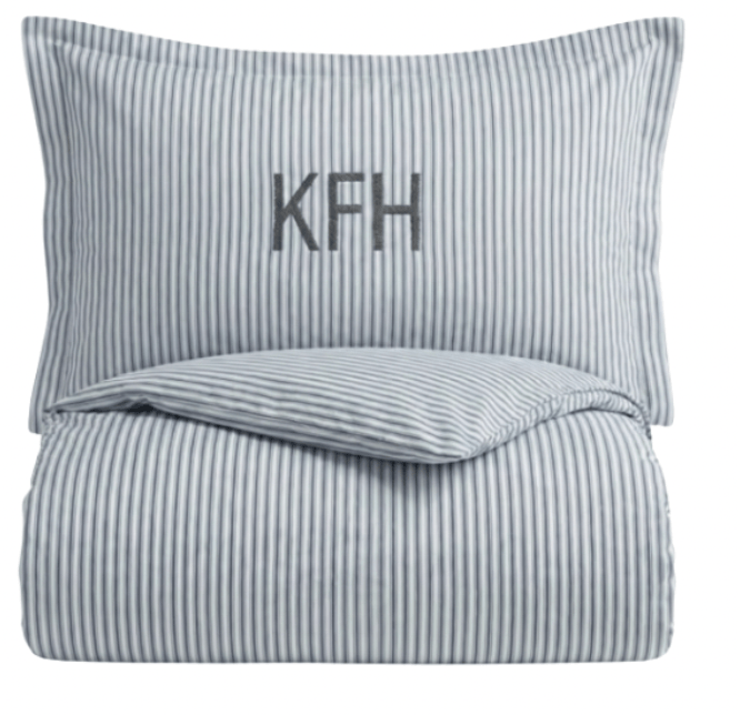 Designer dorm bedding bundle — navy ticking stripe duvet with monogram