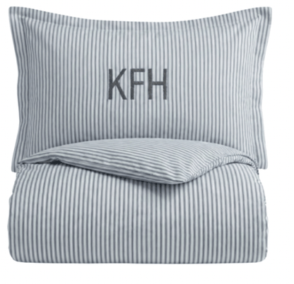 Designer dorm bedding bundle — navy ticking stripe duvet with monogram