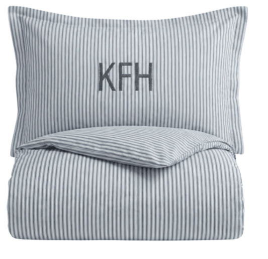 Designer dorm bedding bundle — navy ticking stripe duvet with monogram