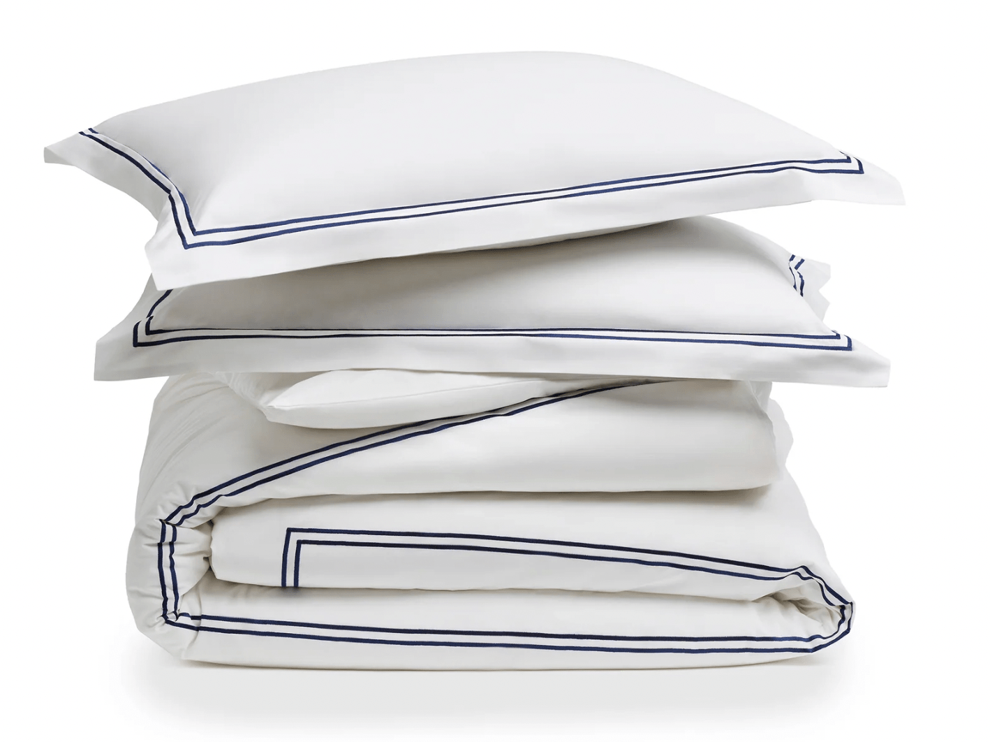 LUXE NAVY STRIPE PERCALE DUVET SET product image highlighting color, material, and overall design