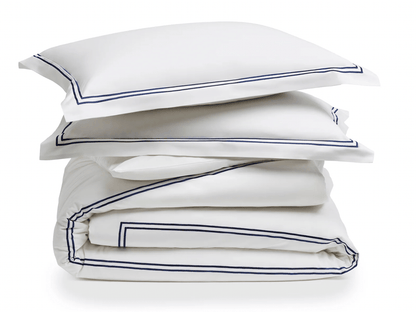 LUXE NAVY STRIPE PERCALE DUVET SET product image highlighting color, material, and overall design