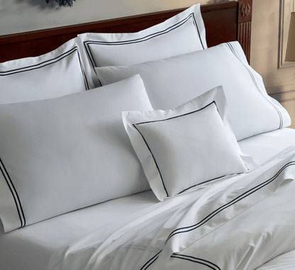 LUXE NAVY STRIPE PERCALE DUVET SET product image highlighting color, material, and overall design