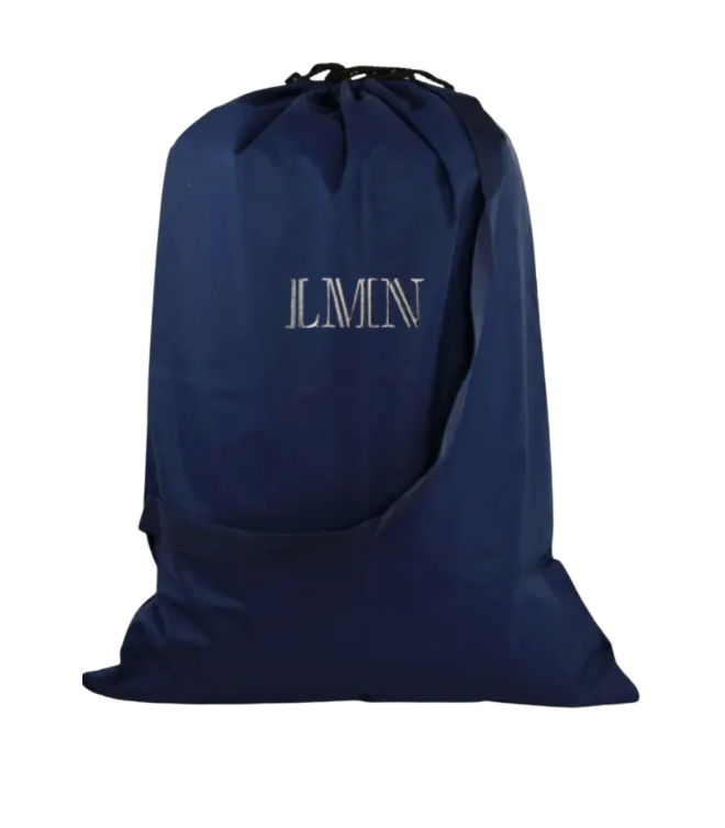 Monogrammed dorm bath bundle — navy laundry tote with monogram