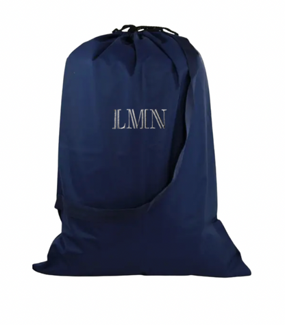Monogrammed dorm bath bundle — navy laundry tote with monogram