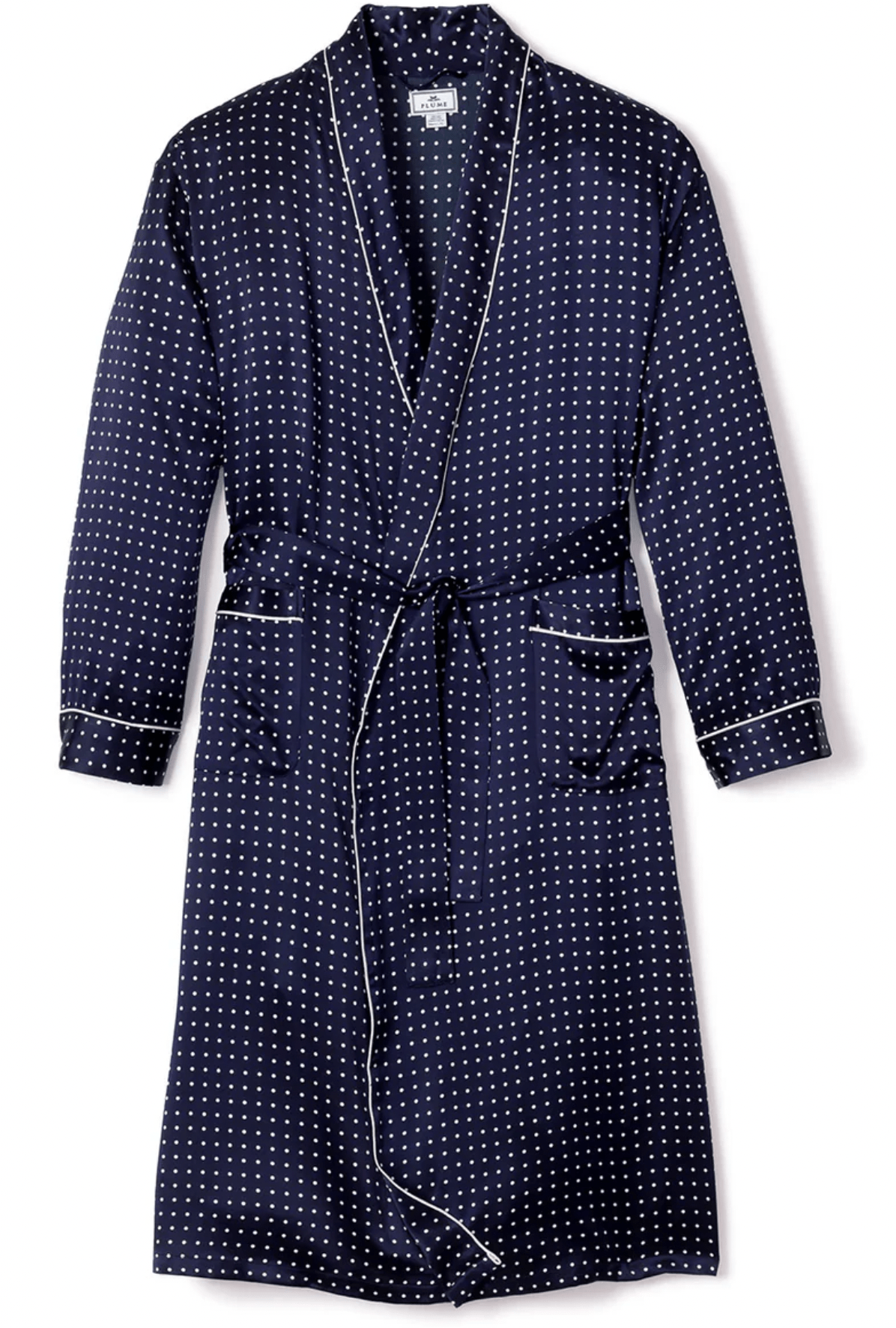 MEN'S SILK LONG ROBE - Navy Polka Dot Product image and description, texture
