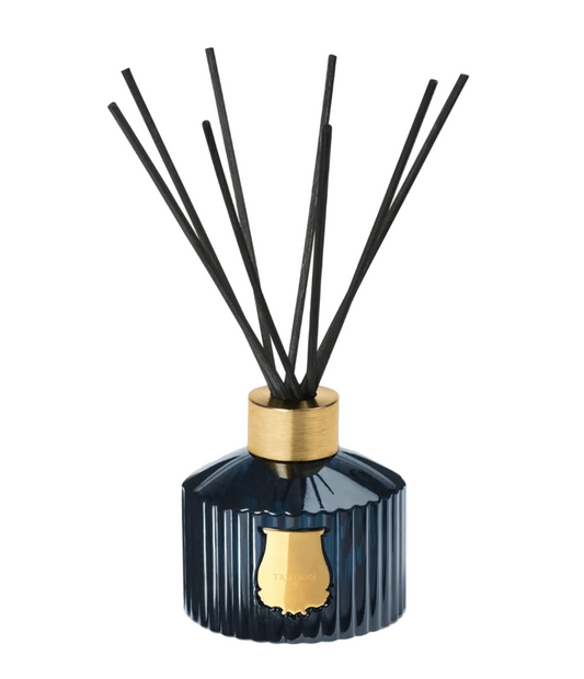 Trudon Madurai Reed Diffuser in dark blue glass with black reeds and gold accent.
