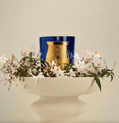 Trudon Madurai Candle in a blue and gold glass vessel styled in a white vase with flowers on a beige background.