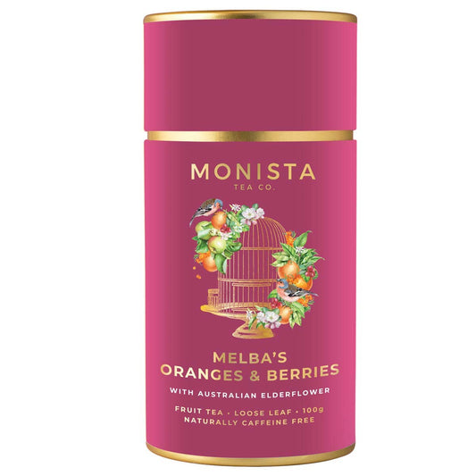 Pink tea canister with 'Monista Tea Co.' branding and decorative elements on a white background