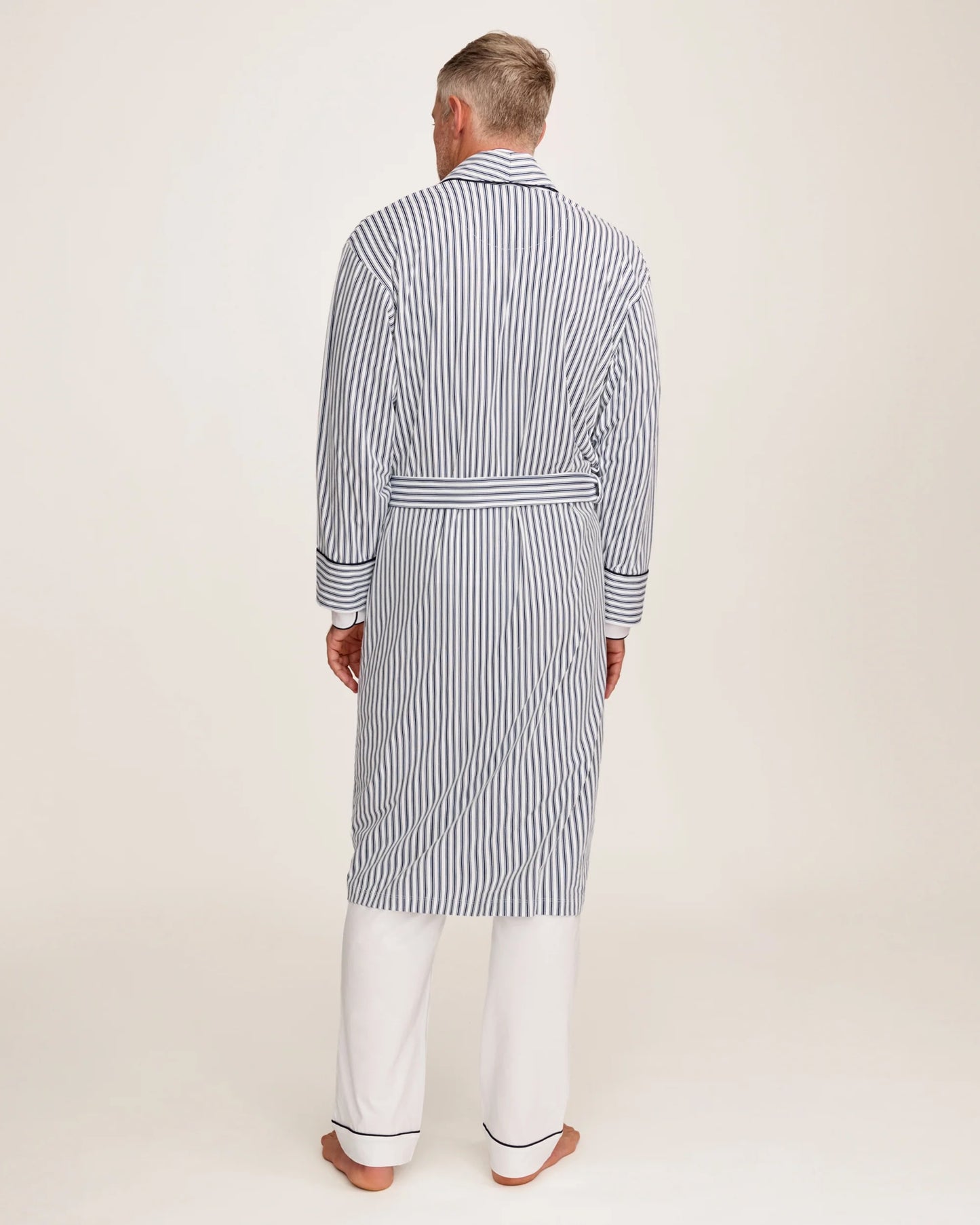 Back of men's cotton robe styled on a man
