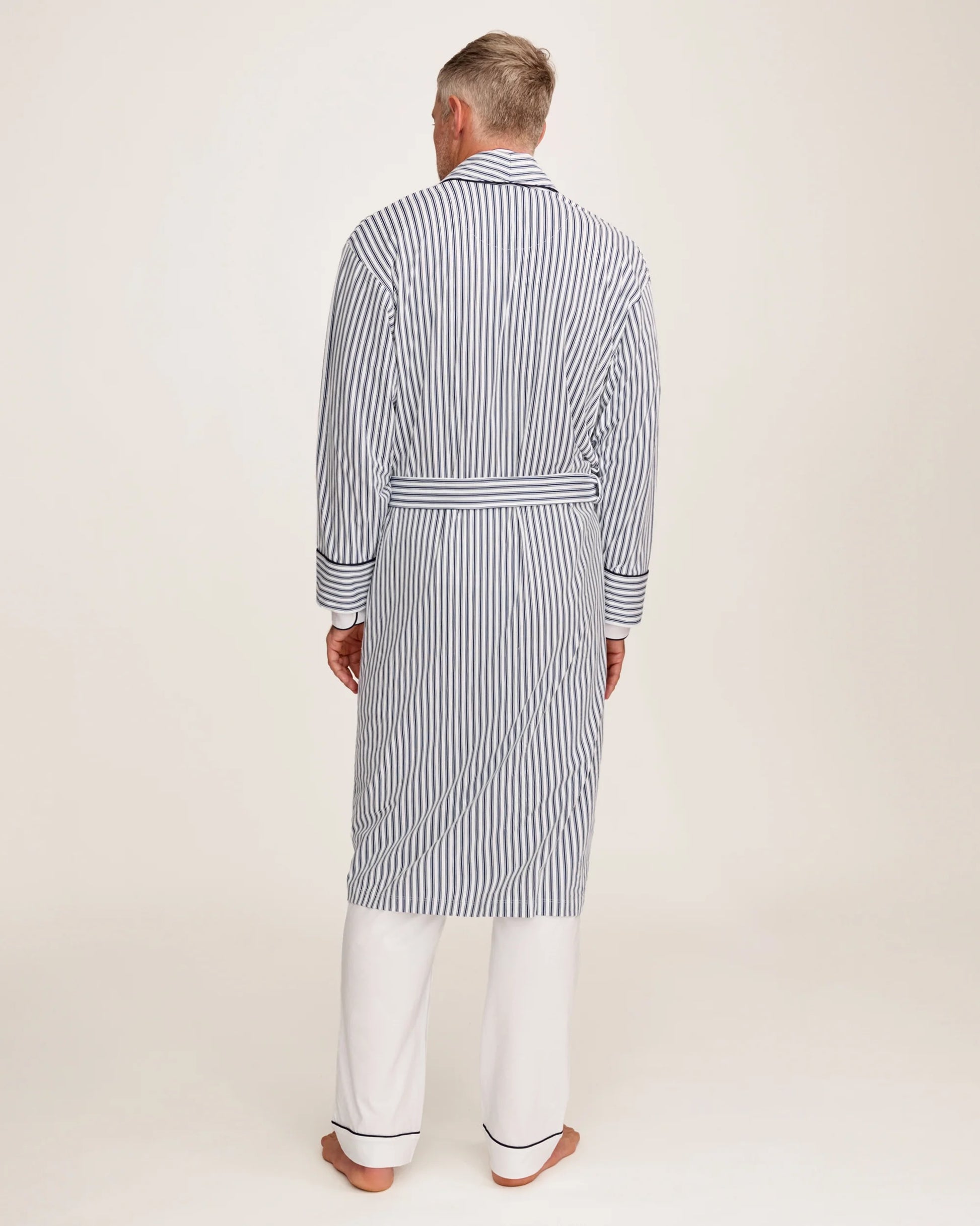 Back of men's cotton robe styled on a man