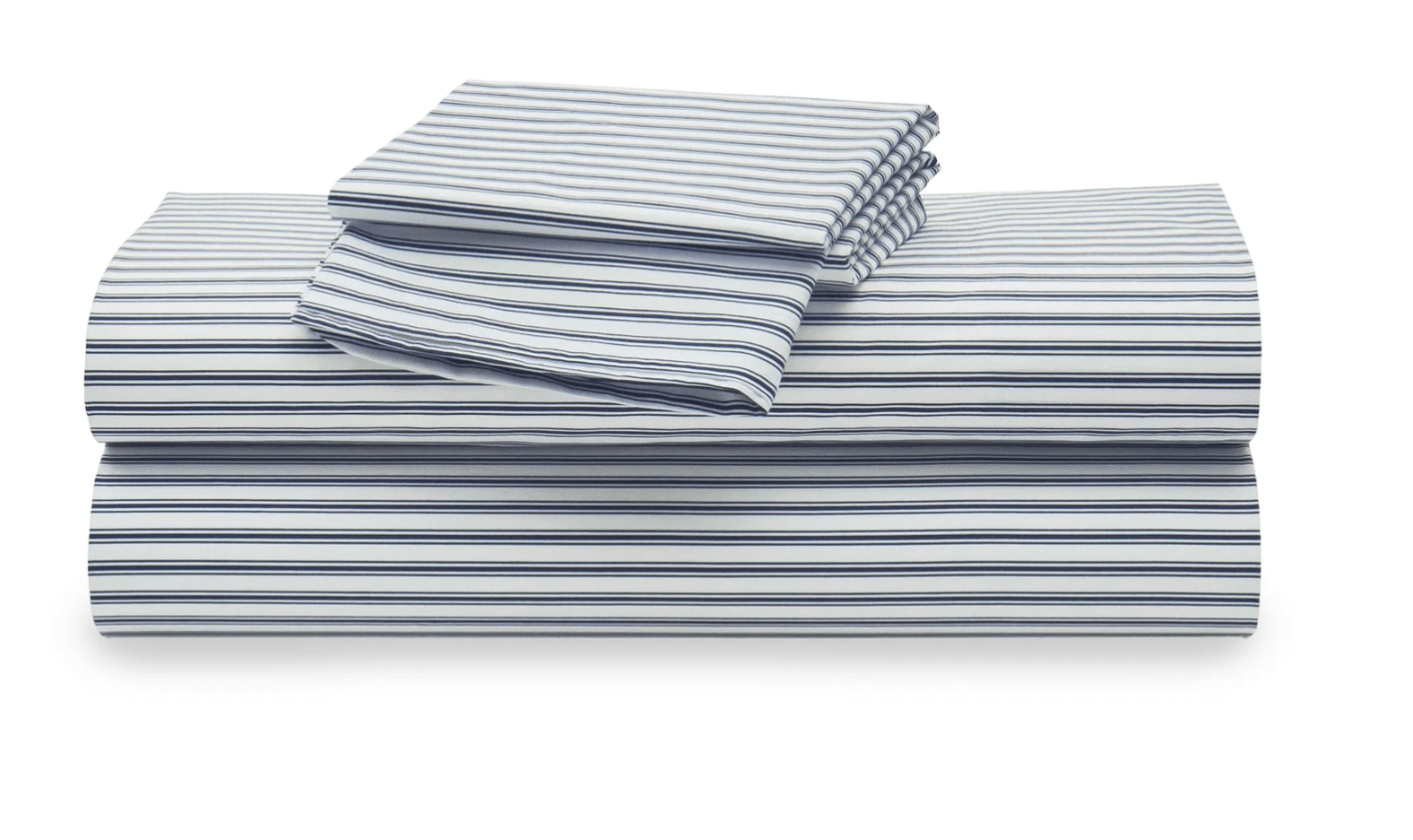 NAVY TICKING STRIPE PERCALE SHEET SET - Product image highlighting color, material, and overall design.