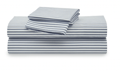 NAVY TICKING STRIPE PERCALE SHEET SET -Product image highlighting color, material, and overall design.