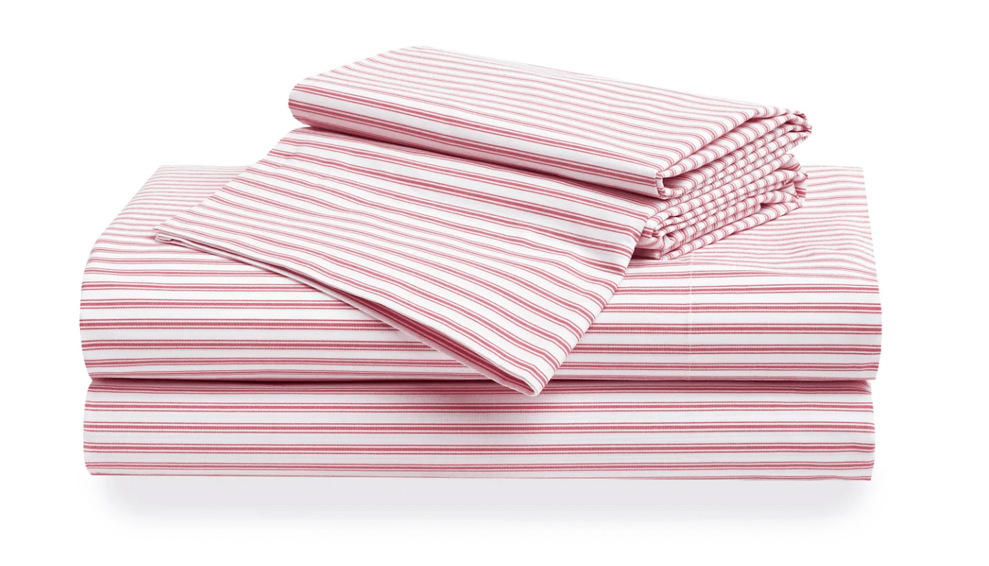 RED TICKING STRIPE SHEET SET -  Product image highlighting color, material, and overall design.