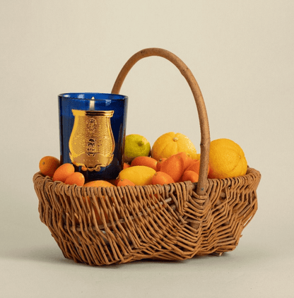 Trudon Reggio Candle in a woven basket alongside a fresh orange, highlighting the candle's bright citrus fragrance.
