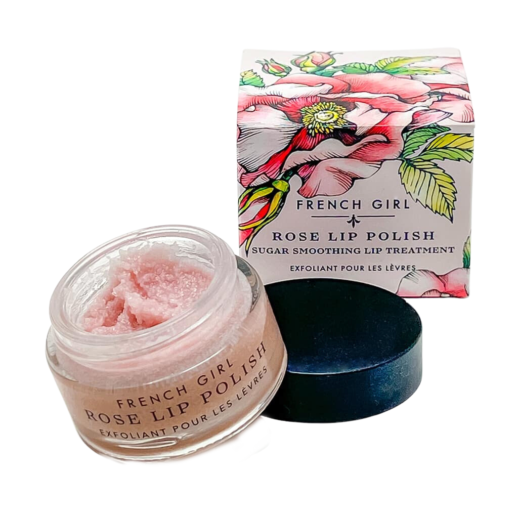 French Girl Organics Rose Lip Polish with packaging on a white background
