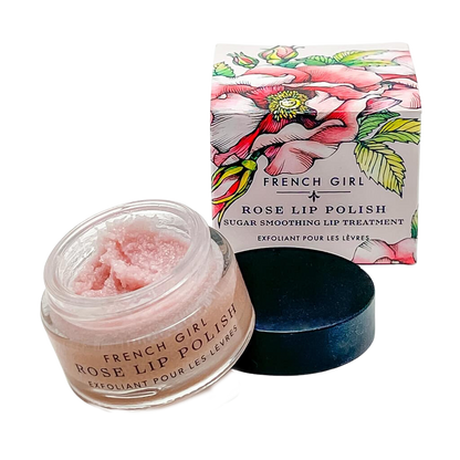 French Girl Organics Rose Lip Polish with packaging on a white background