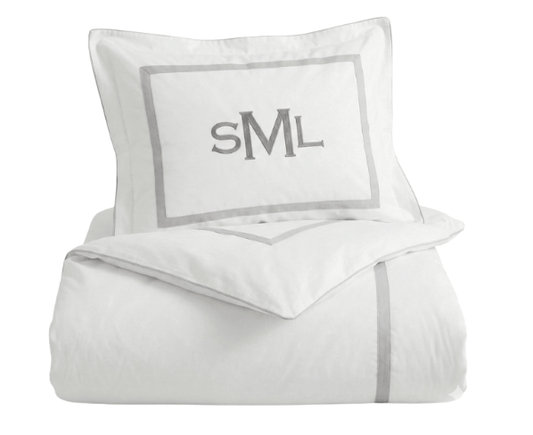 Dorm Bedding Bundle with gray trim and monogram on a white background