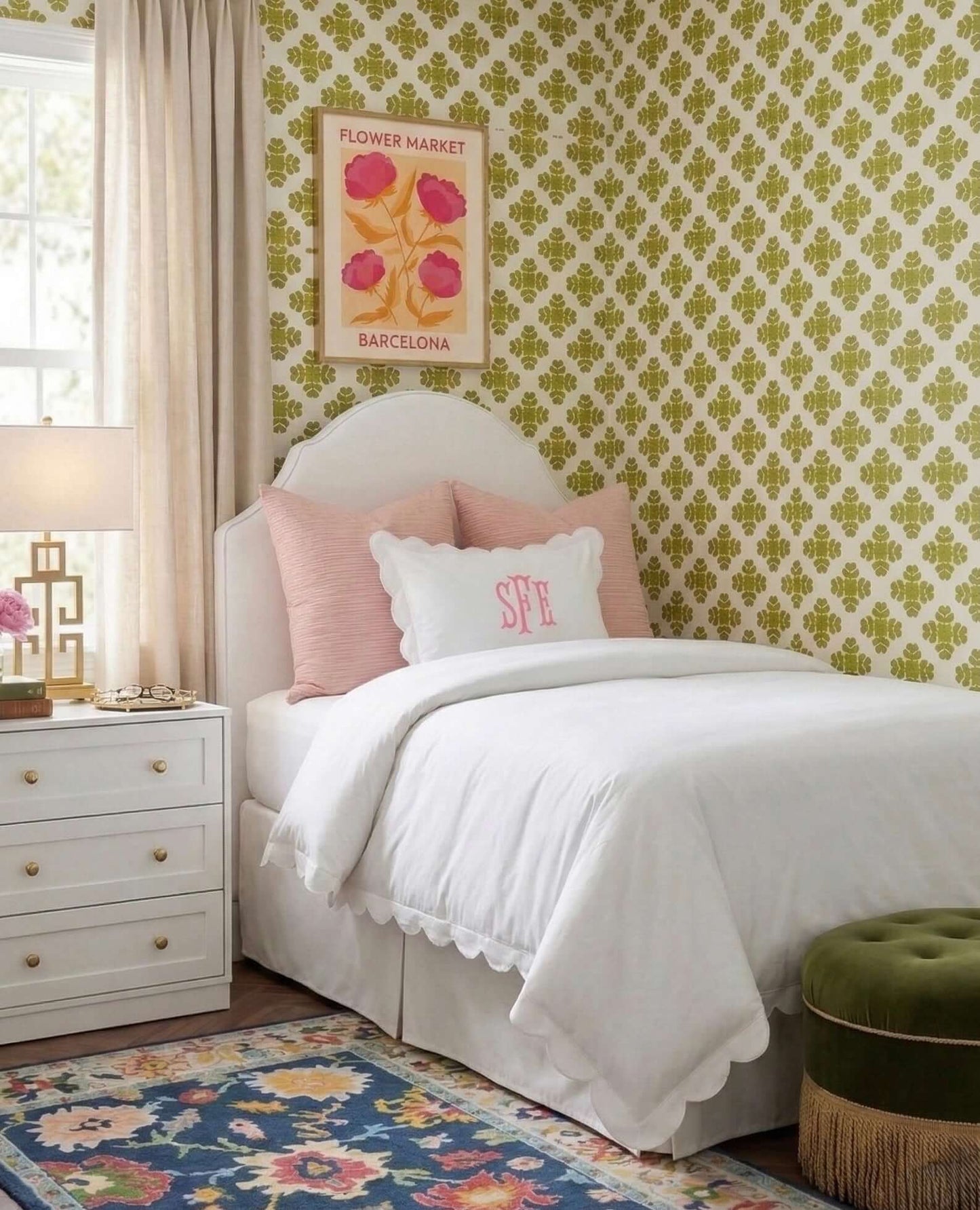 Laura Park Brushstrokes citrine peel and stick wallpaper in styled dorm room