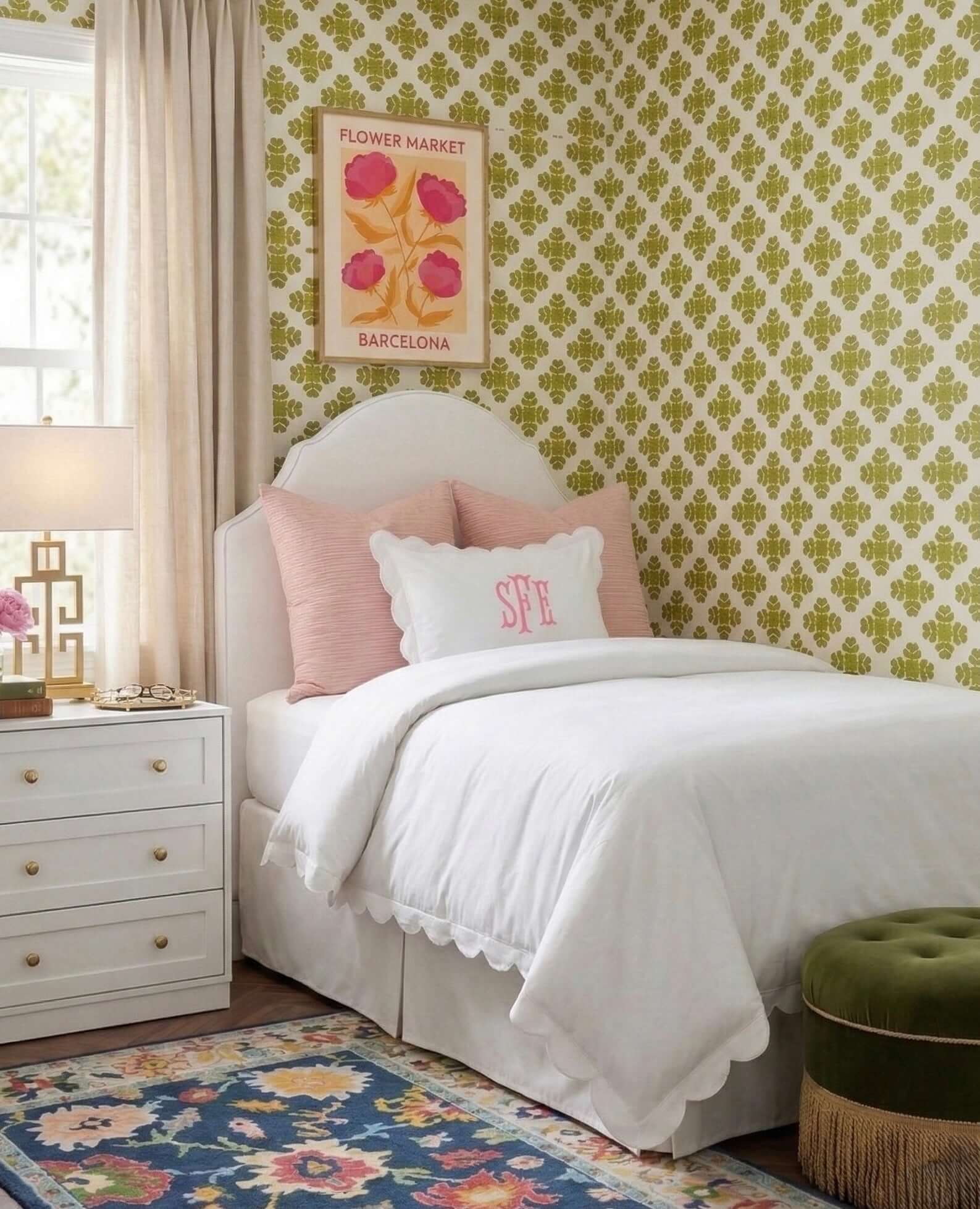Laura Park Brushstrokes citrine peel and stick wallpaper in styled dorm room