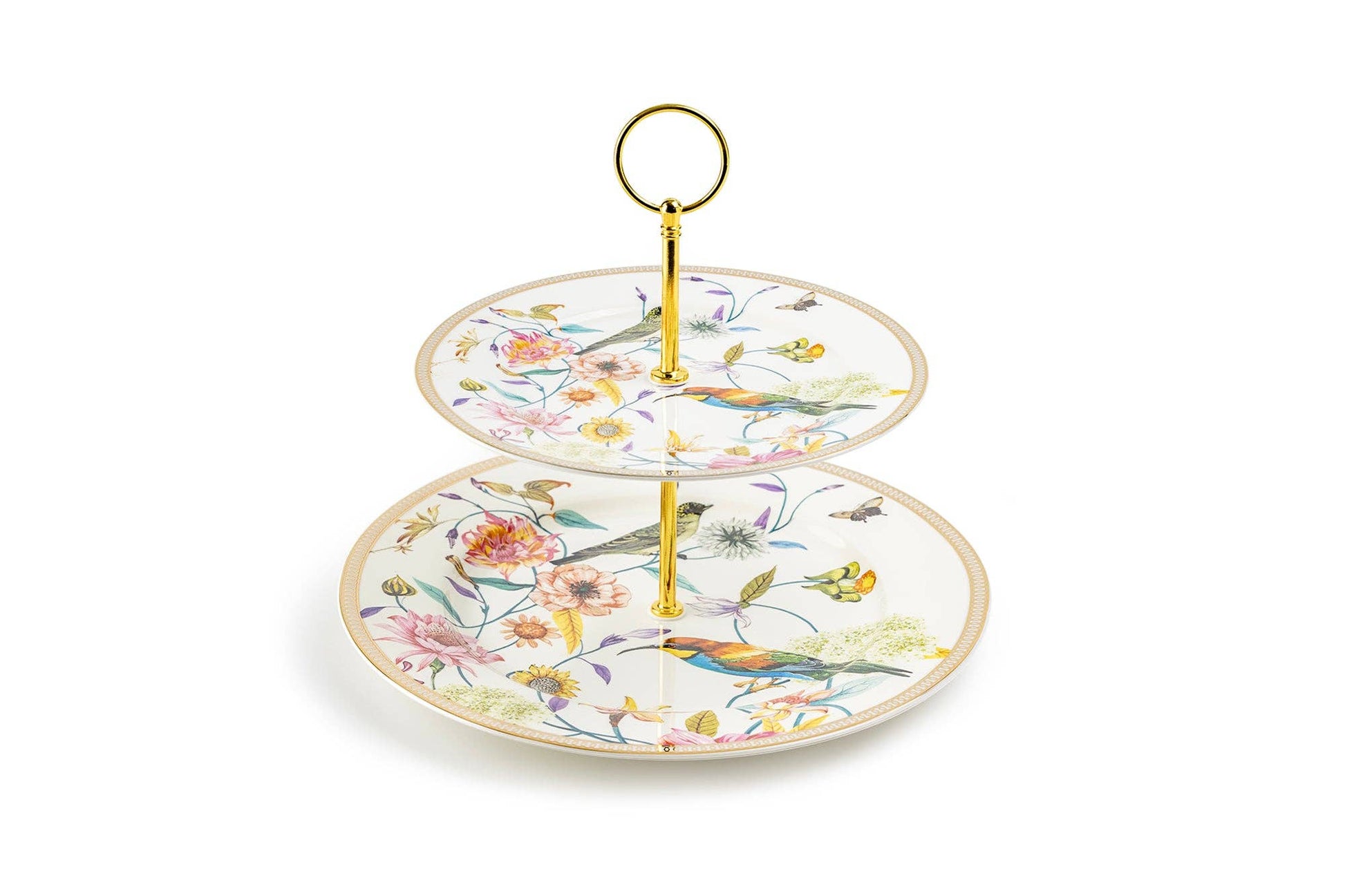 Two-tiered ceramic cake stand with floral design on a white background