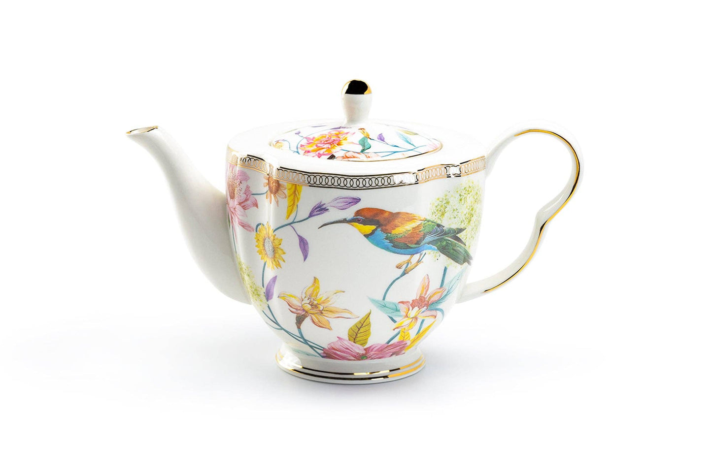 Teapot with floral and bird design on a white background