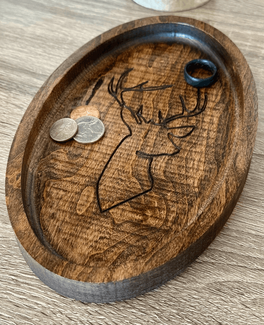 Stag decorative catch all tray for men — solid hardwood with deer silhouette