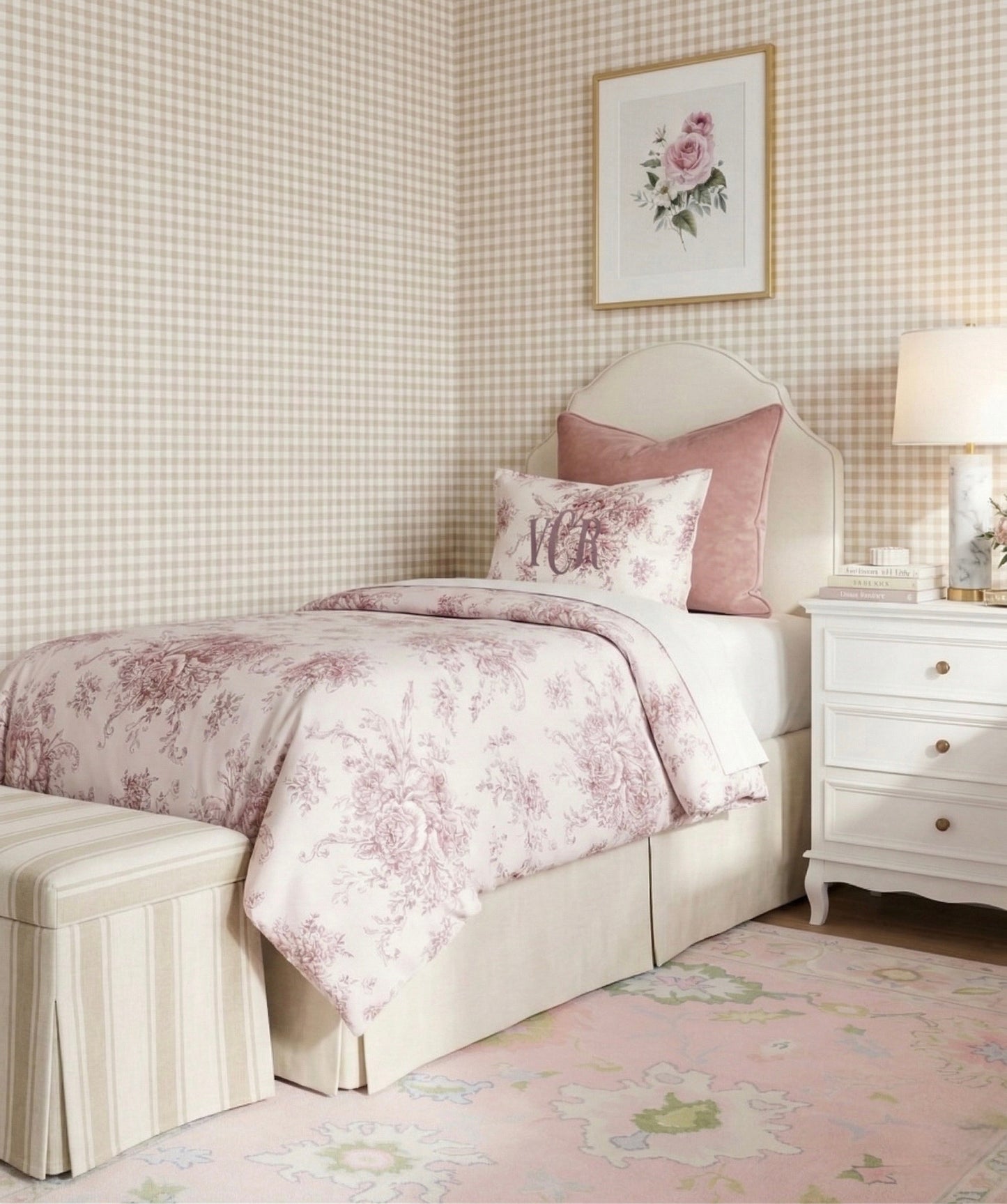 Bedroom with floral bedding and checkered walls