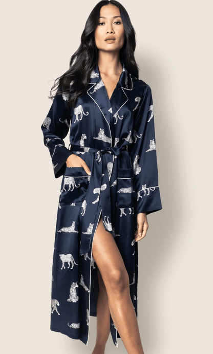 WOMEN'S SILK ROBE - Panthère de Nuit - Navy, Long, product image with details