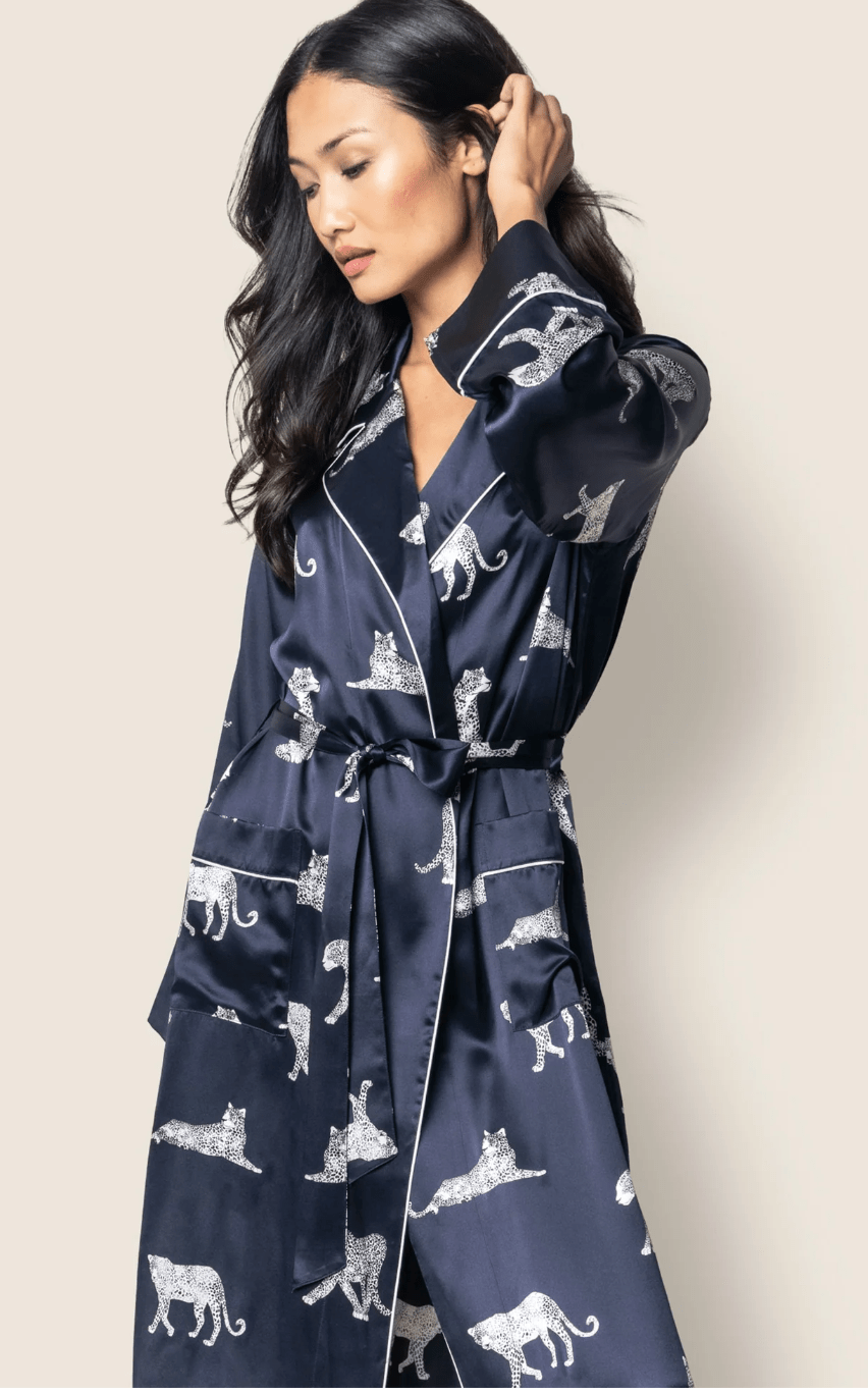 WOMEN'S SILK ROBE - Panthère de Nuit - Navy, Long, product image with details