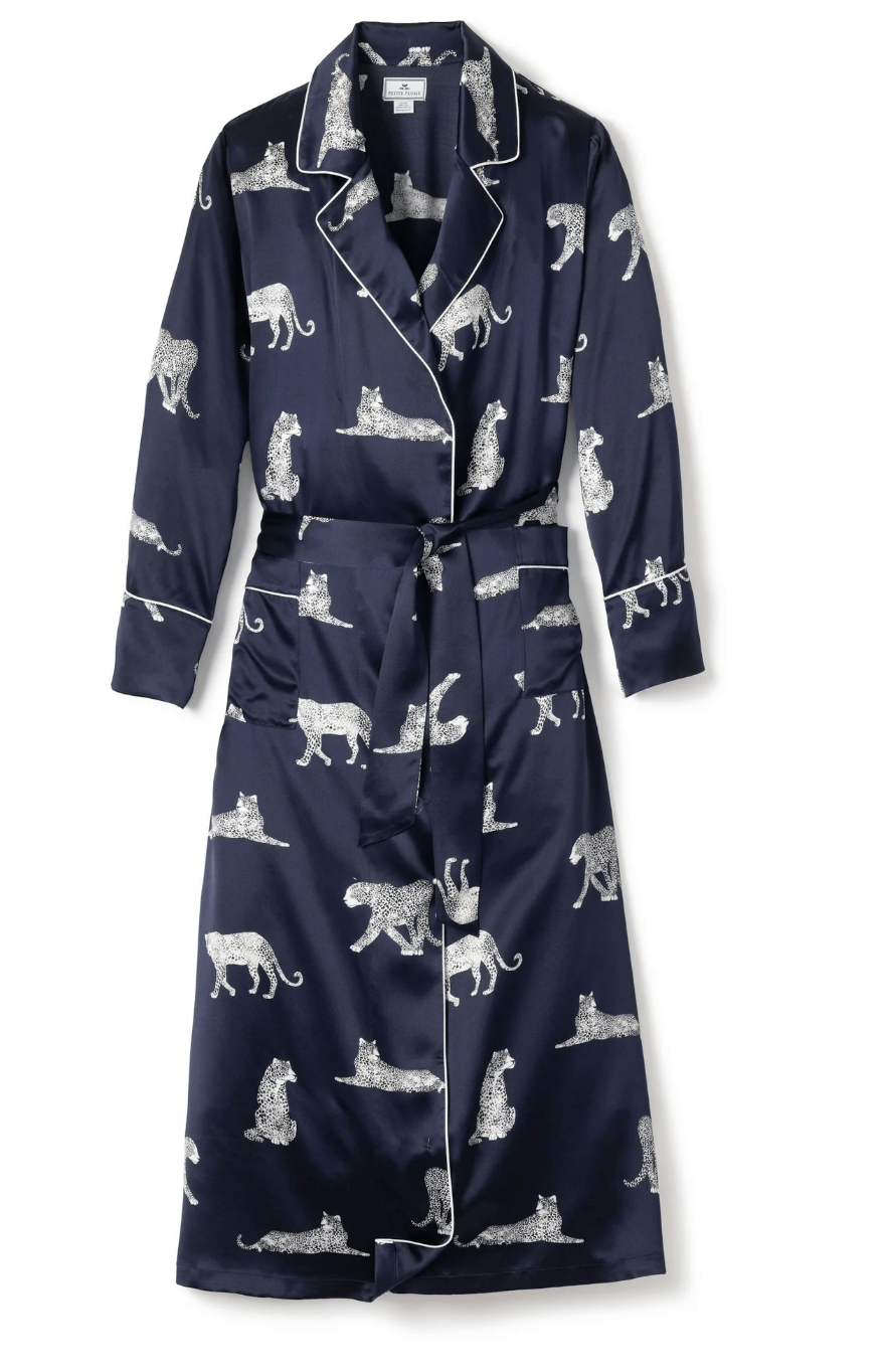 WOMEN'S SILK ROBE - Panthère de Nuit - Navy, Long, product image with details