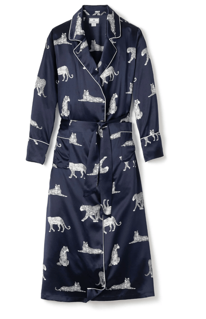 WOMEN'S SILK ROBE - Panthère de Nuit - Navy, Long, product image with details