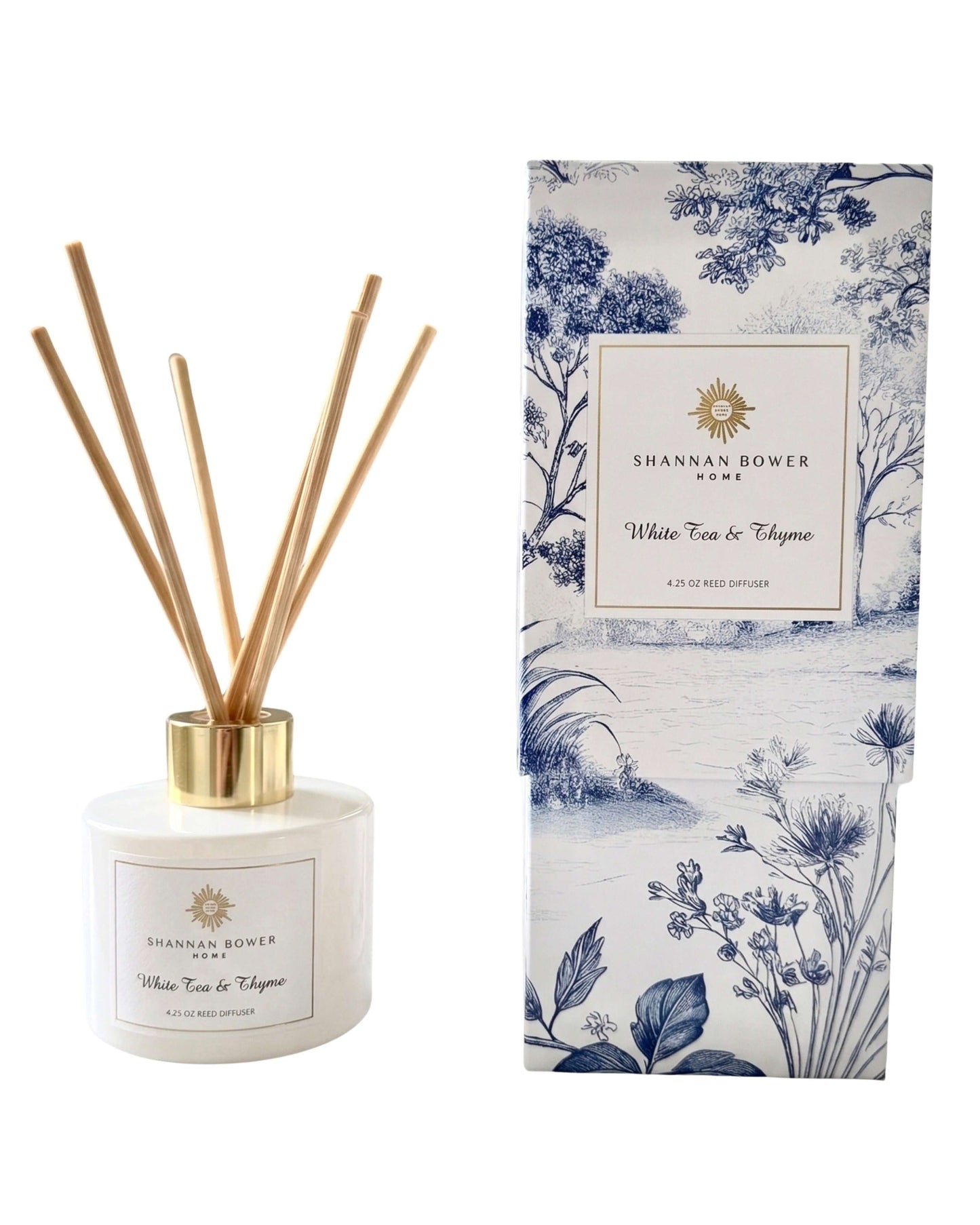 White Tea & Thyme Reed diffuser with decorative packaging featuring botanical designs on a white background