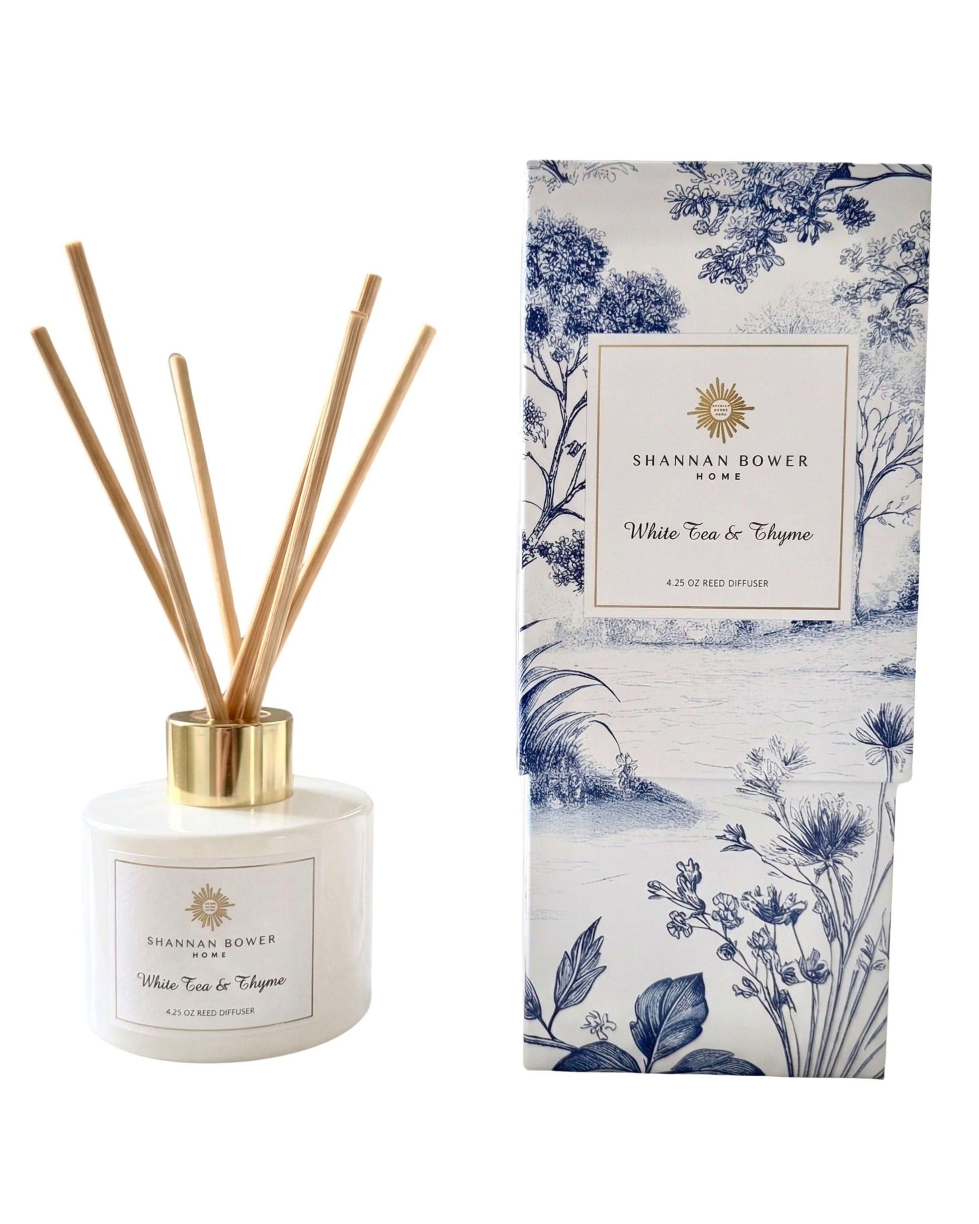White Tea & Thyme Reed diffuser with decorative packaging featuring botanical designs on a white background