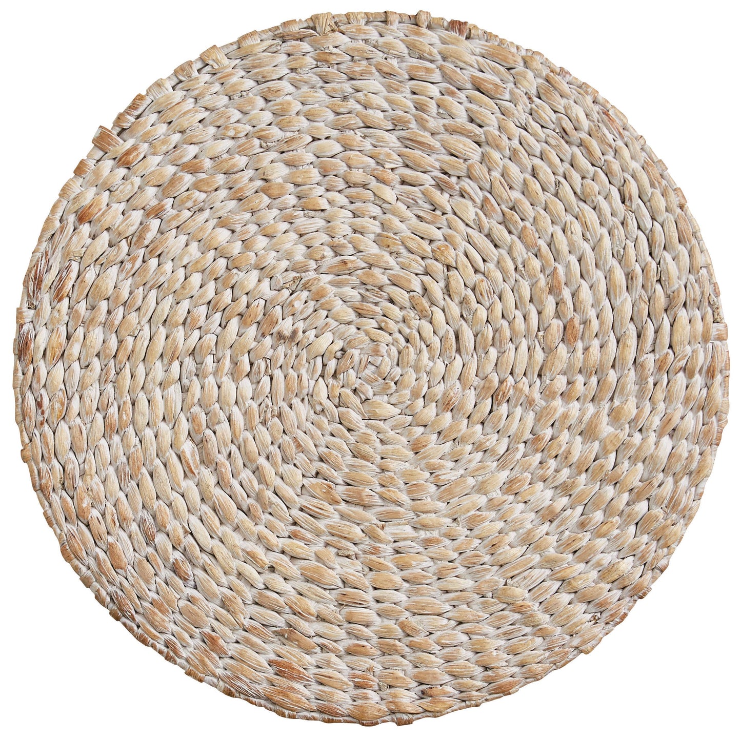 A round placemat made from braided natural water hyacinth.