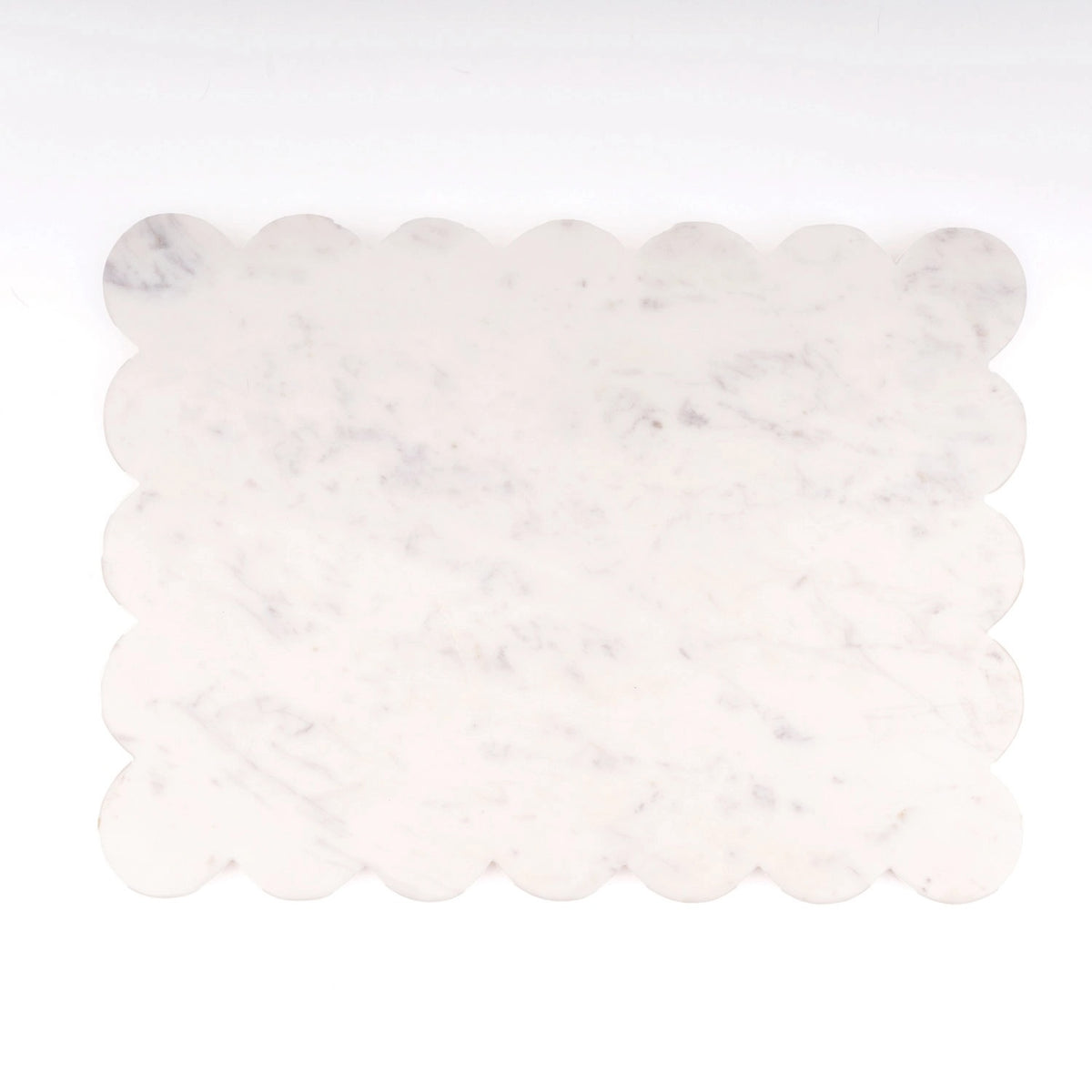 A rectangular white marble tile with scalloped edges, showing subtle gray and soft beige veining, set against a plain white background.