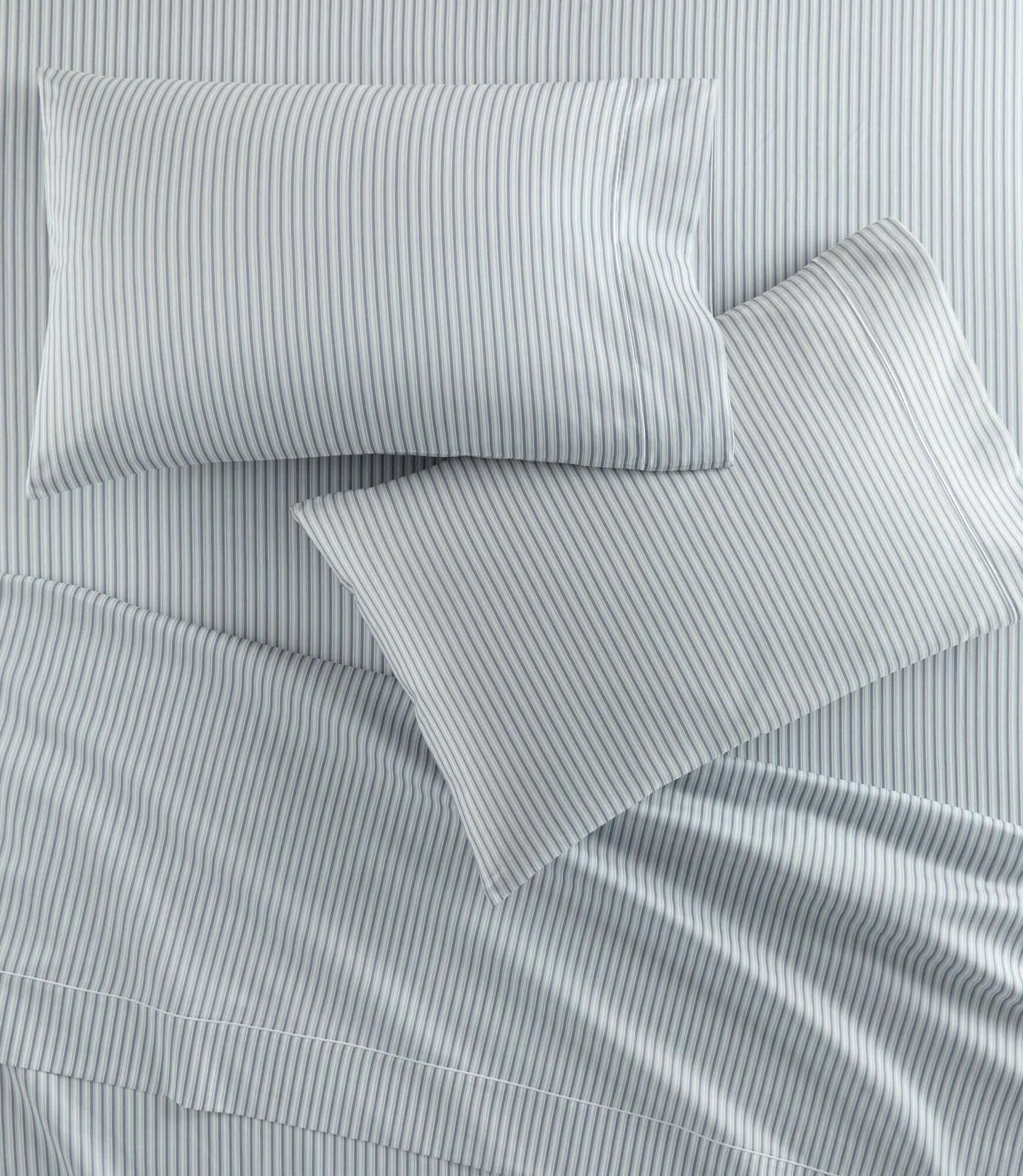 The Windsor striped sateen sheet set with blue-gray pinstripe bedding and pillow shams