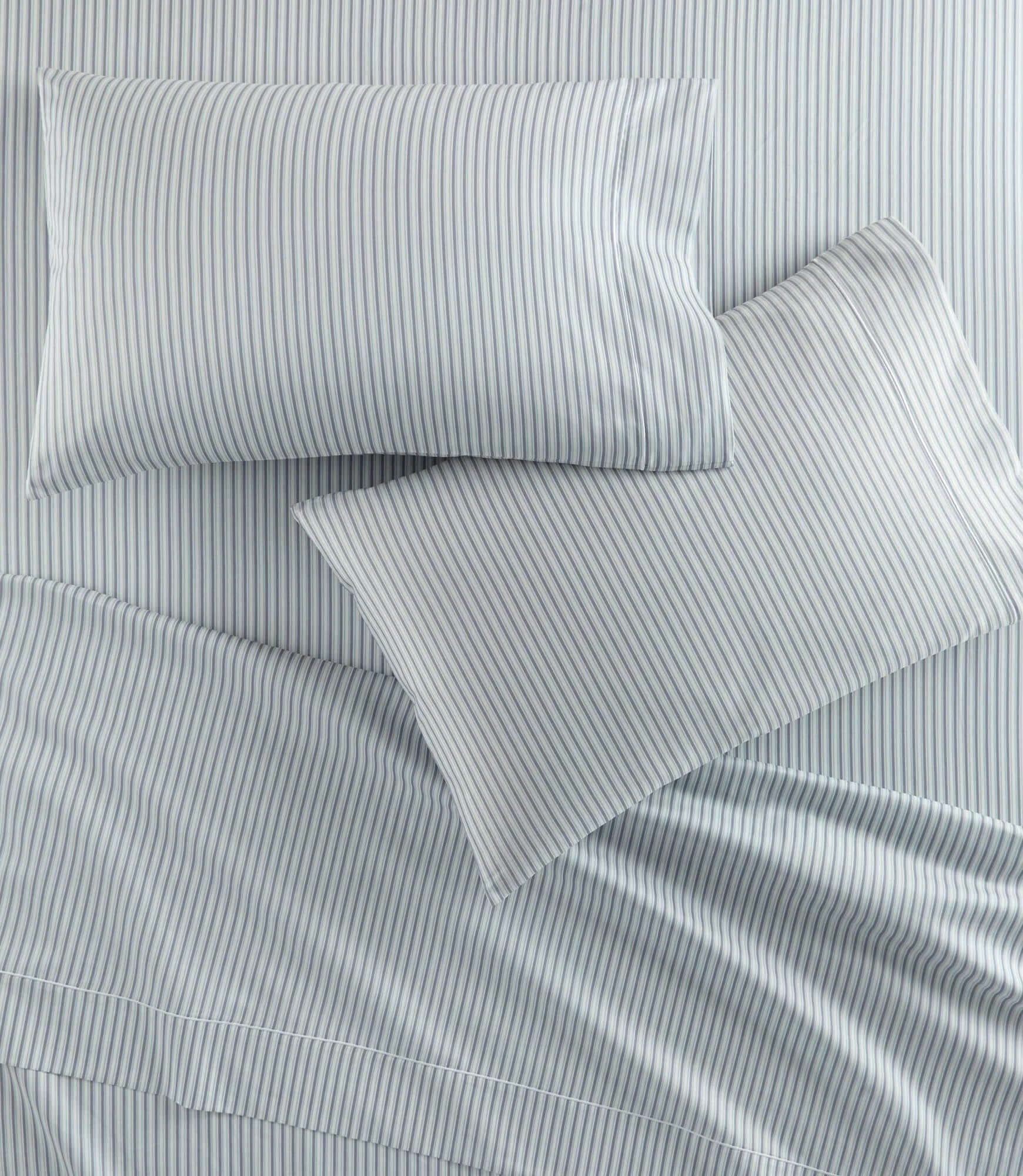 The Windsor striped sateen sheet set with blue-gray pinstripe bedding and pillow shams