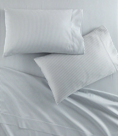 The Windsor striped sateen sheet set with blue-gray pinstripe bedding and pillow shams
