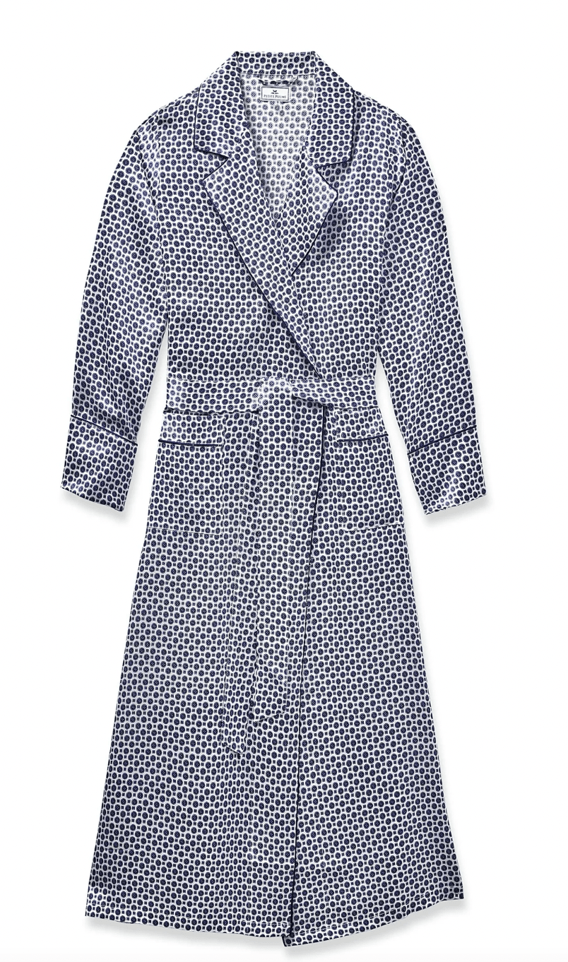 WOMEN'S SILK ROBE - Navy Foulard - Long, product image, texture