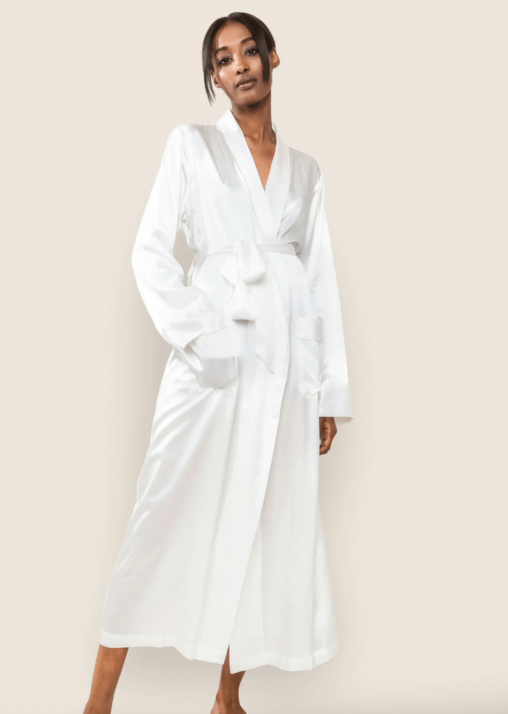 WOMEN'S SILK ROBE - White - Long silk robe with tie, product image