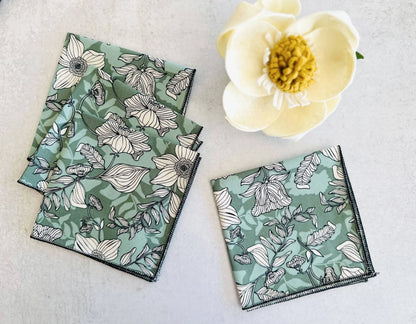 Green floral square set of two with stitched border