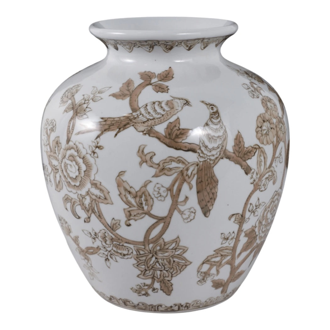 White vase with brown floral and bird patterns on a white background
